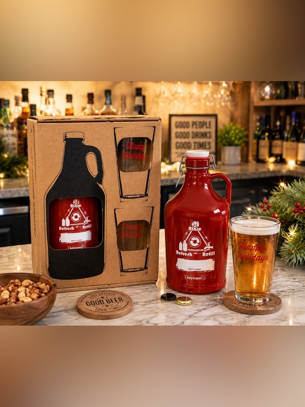 Keyscaper Beer Growler & Pint Glass Gift Set | Holiday Barware | New